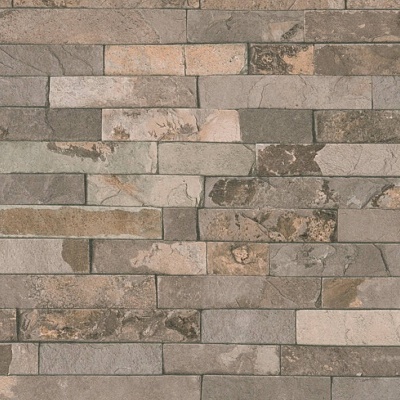 Parede decorativa em pedra natural com tons cinza, bege e castanho