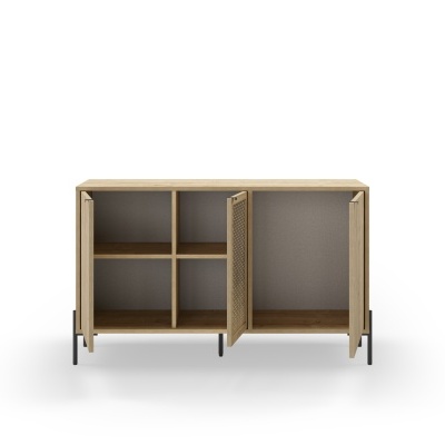 Móvel de madeira clara com compartimentos e portas de padrão de cestos