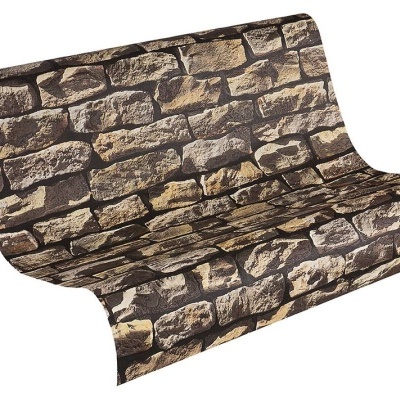 Rolo de papel de parede com padrão de parede de pedras castanhas e bege