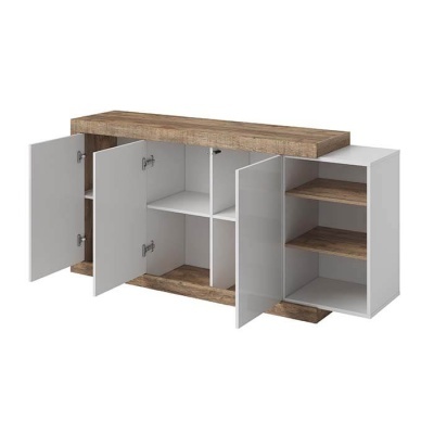 Aparador branco com tampo e prateleiras de madeira rústica e portas abertas