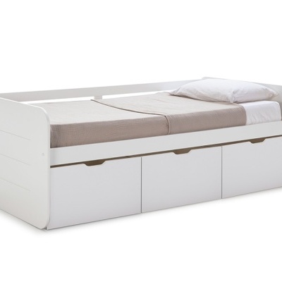 Cama branca de solteiro com colchão bege, almofada e três gavetas embutidas