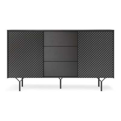 Móvel cinzento escuro com portas texturizadas e gavetas lisas, pernas metálicas pretas