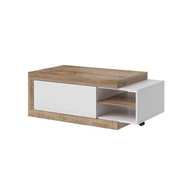 Mesa de centro de madeira com compartimento branco e prateleiras abertas