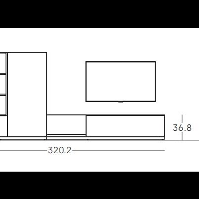 Desenho técnico de móvel modular com portas e prateleiras, com medidas em cm.