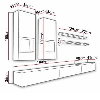 Conjunto de móveis brancos para sala de estar com medidas em vermelho.