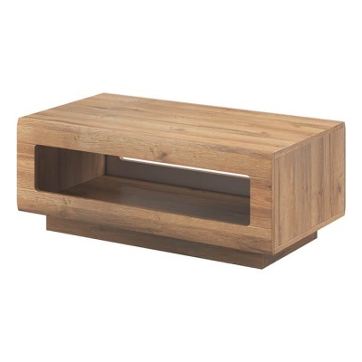 Mesa de centro retangular em madeira com espaço aberto frontal