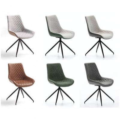 Seis cadeiras modernas estofadas em várias cores com pernas metálicas pretas