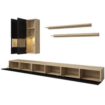 Conjunto de móveis de parede moderno com armário vertical, prateleiras flutuantes e base longa em madeira clara e preto