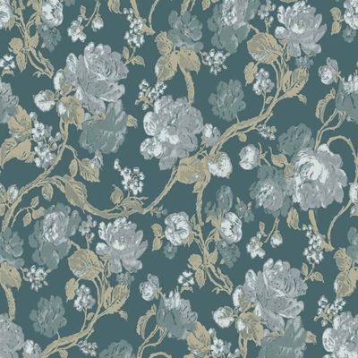 Papel de parede com padrão floral azul, cinza e bege