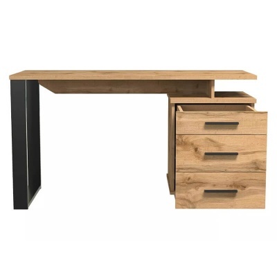 Secretária de escritório em madeira clara com gavetas e perna metálica preta