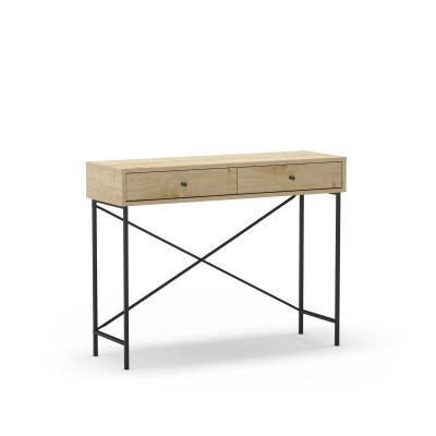 Mesa de consola em madeira clara com estrutura metálica preta
