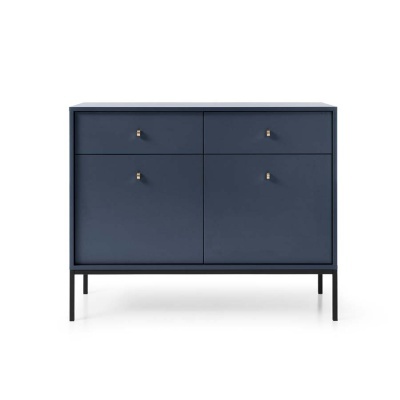 Aparador azul escuro com gavetas e portas, estrutura metálica preta