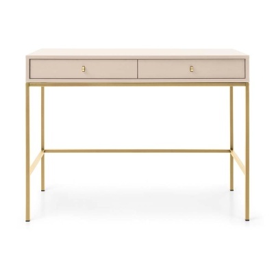 Secretária bege claro com estrutura metálica dourada e duas gavetas