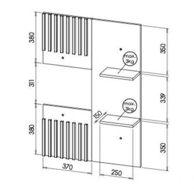 Desenho técnico de estante de parede com prateleiras e dimensões