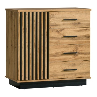 Cômoda de madeira com gavetas e porta com frisos verticais