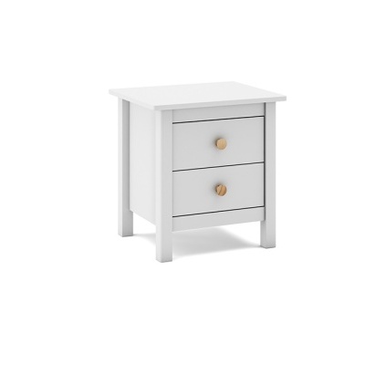 Mesa de cabeceira branca com duas gavetas e puxadores de madeira