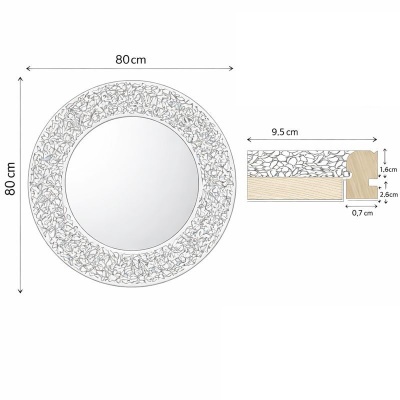 Espelho redondo com moldura texturizada branca e perfil de madeira detalhado