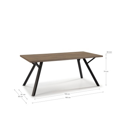 Mesa retangular com tampo em madeira castanha clara e pés em metal preto