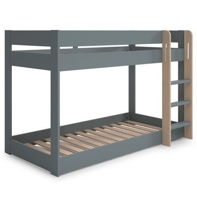 Beliche cinza escuro com escada lateral de madeira clara sobre fundo branco