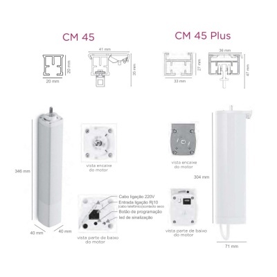 Dois motores para persianas CM 45 e CM 45 Plus com diagramas e medidas técnicas.