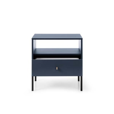 Mesa de cabeceira azul escuro com gaveta e prateleira aberta