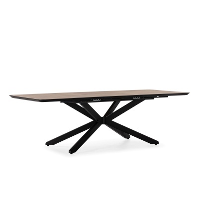 Mesa de jantar com tampo em madeira e base preta