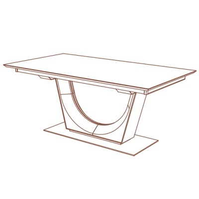 Desenho linear de mesa retangular com base V invertida e arco central