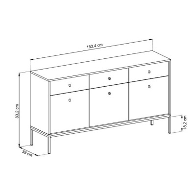 Desenho técnico de móvel de arrumação com três portas, três gavetas, dimensões em centímetros.