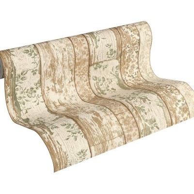 Rolo de papel de parede com padrão bege e creme texturizado com folhas verdes