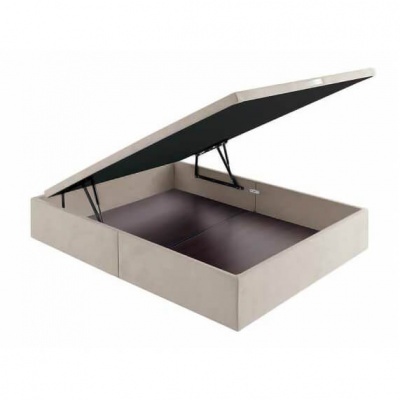 Cama estofada bege com arrumação e abertura hidráulica