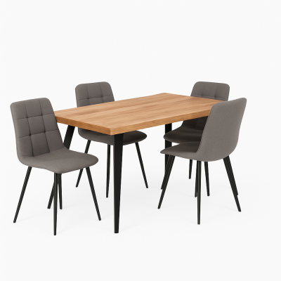 Mesa de madeira com quatro cadeiras cinzentas