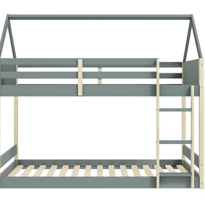 Cama beliche de madeira cinza com escada e design de casa