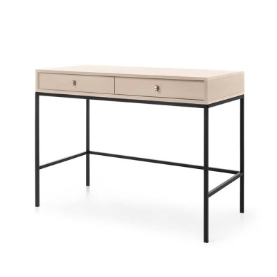 Secretária bege com estrutura metálica preta e duas gavetas