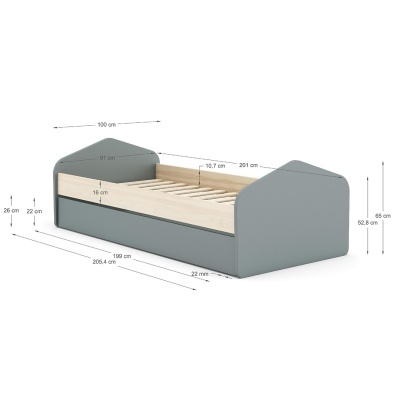 Cama cinzenta com detalhes em madeira clara e gavetão