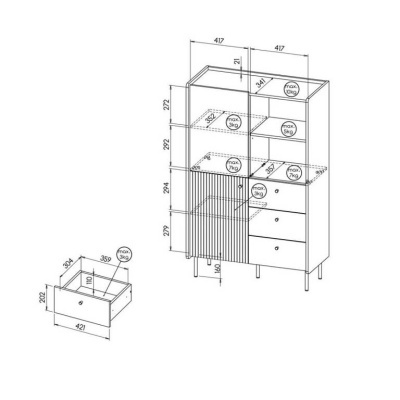 Desenho técnico de móvel com prateleiras, porta de persiana e gavetas com dimensões e pesos máximos.