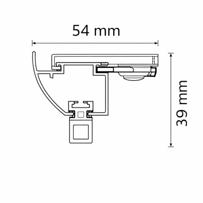Desenho técnico de perfil estrutural com dimensões 54 mm por 39 mm