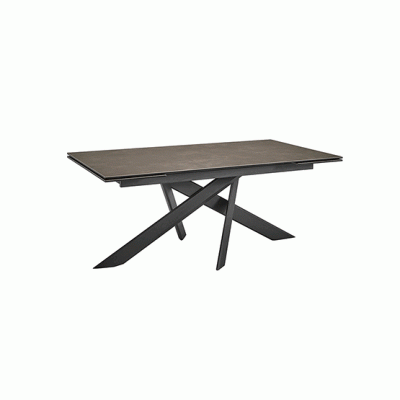 Mesa retangular com tampo de madeira castanha escura e pernas metálicas pretas cruzadas