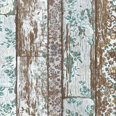 Padrão de tábuas de madeira desgastadas com flores verdes, castanhas e cinzentas