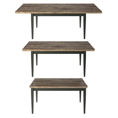 Três mesas de centro com tampo de madeira castanha rústica e pés pretos de metal