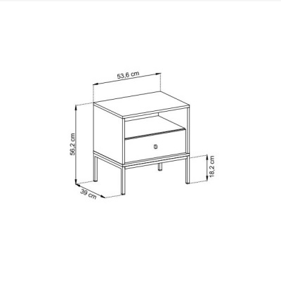 Móvel de apoio em madeira clara com uma gaveta e estrutura metálica branca