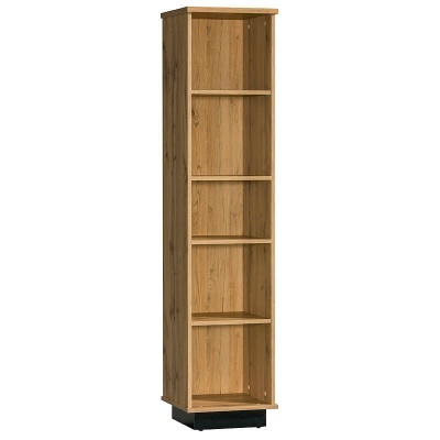 Estante alta de madeira clara com prateleiras e base preta