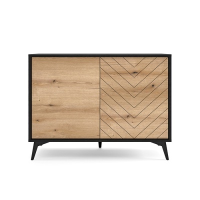 Aparador em madeira clara com padrão geométrico
