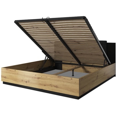 Cama de armazenamento com estrutura de madeira clara e base preta