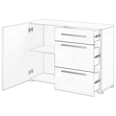 Móvel branco com porta aberta à esquerda e três gavetas à direita