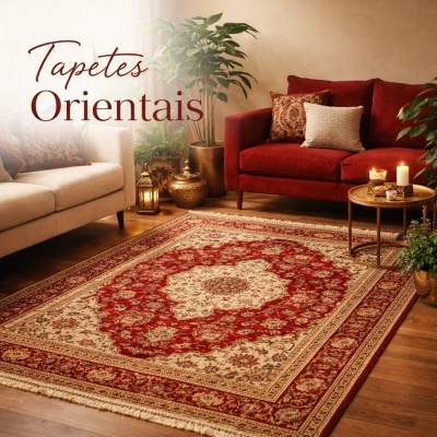 Tapete oriental floral vermelho e creme na sala com sofá e plantas