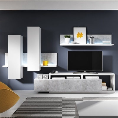 Móvel de televisão moderno branco e cinzento com televisão e decoração