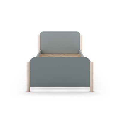 Cama individual cinzenta com estrutura de madeira clara