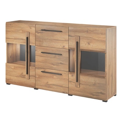 Aparador de madeira carvalho claro com portas de vidro e gavetas com puxadores pretos