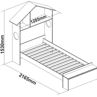 Desenho técnico de cama infantil em forma de casinha com medidas