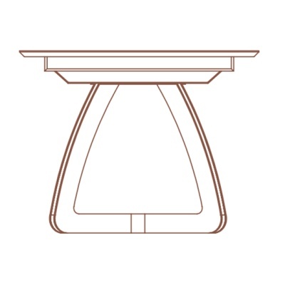 Desenho minimalista de mesa quadrada com base em trapézio arredondado